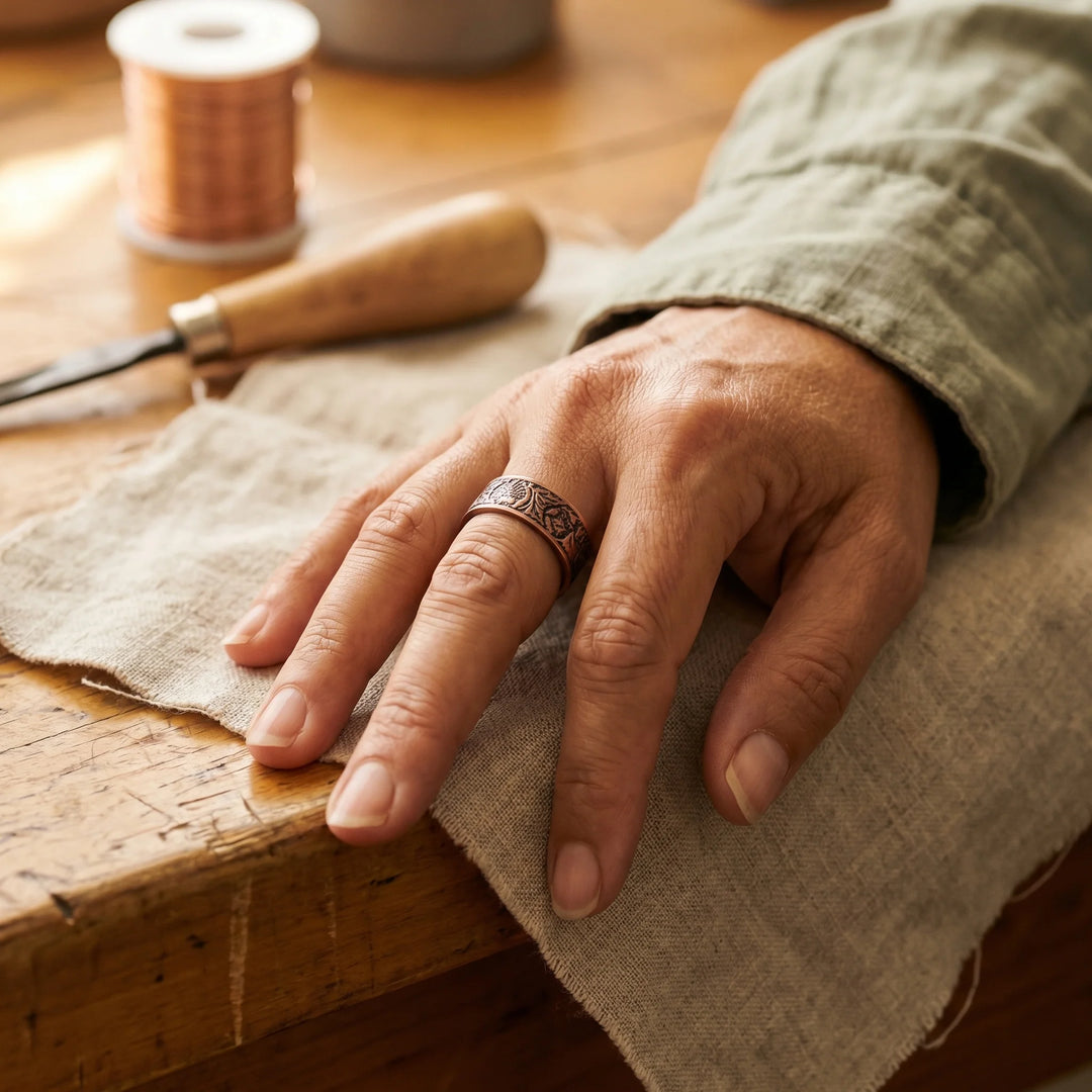 Close-up view of adjustable copper cuff ring showing intricate floral embossed pattern