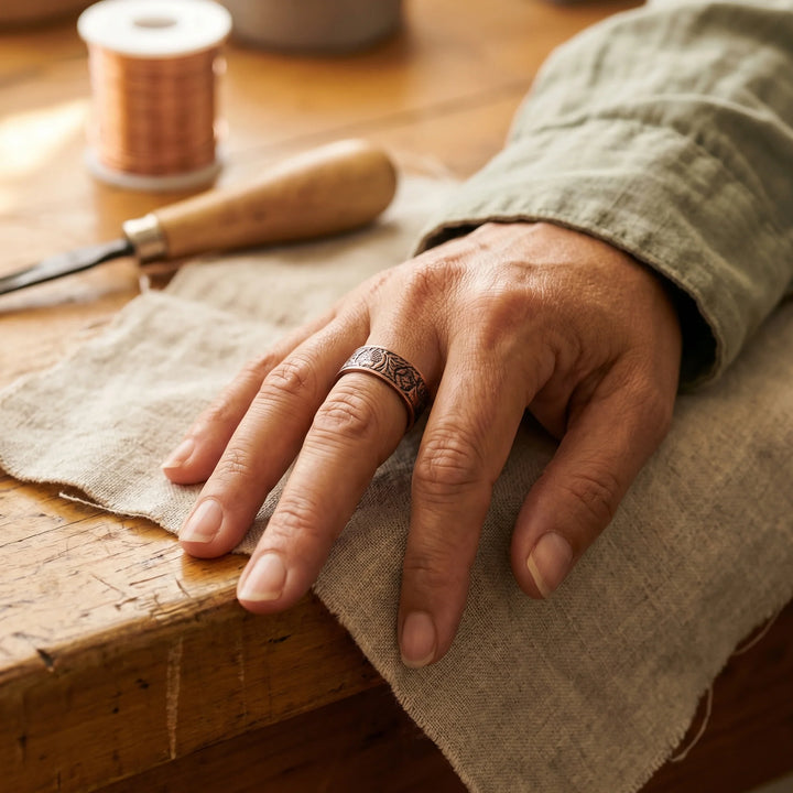 Close-up view of adjustable copper cuff ring showing intricate floral embossed pattern