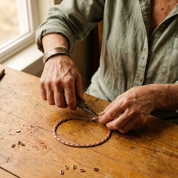 Detail shot of copper necklace links showing smooth finish and interlocking design against skin