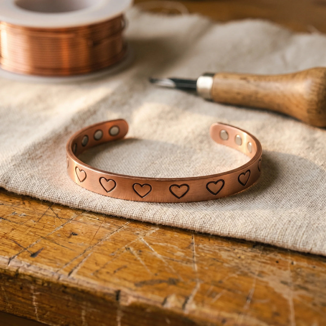 Women's copper cuff bracelet with hand-stamped heart motifs displayed on linen fabric with copper wire spool