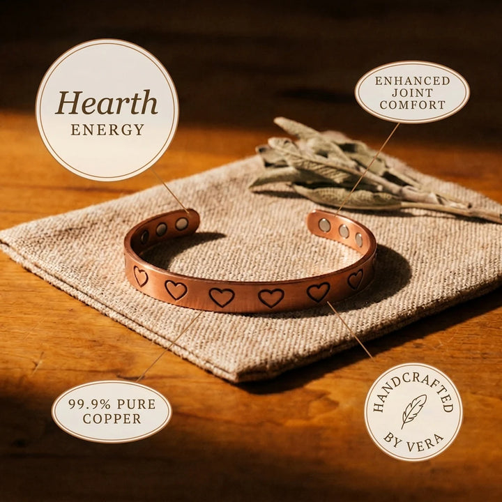 Hand-stamped heart motif copper bracelet styled on neutral linen background with crafting materials