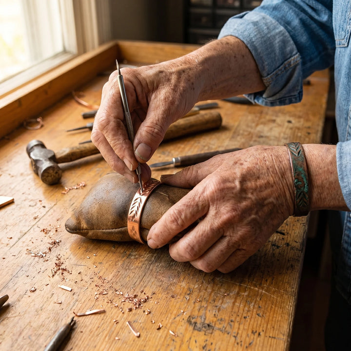Copper cuff bracelet styled on wooden surface with crafting tools in background