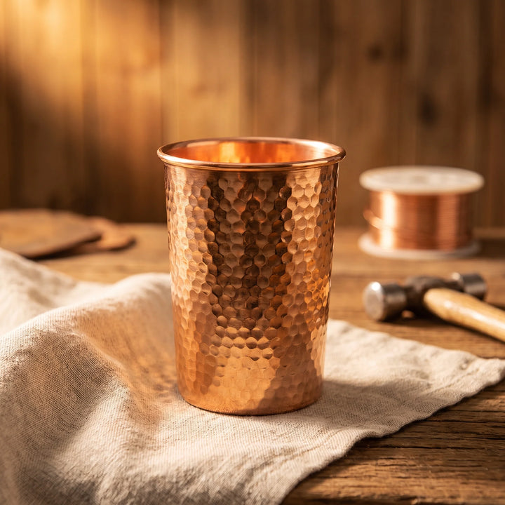 Hammered copper tumbler with honeycomb texture on wooden table with natural linen cloth