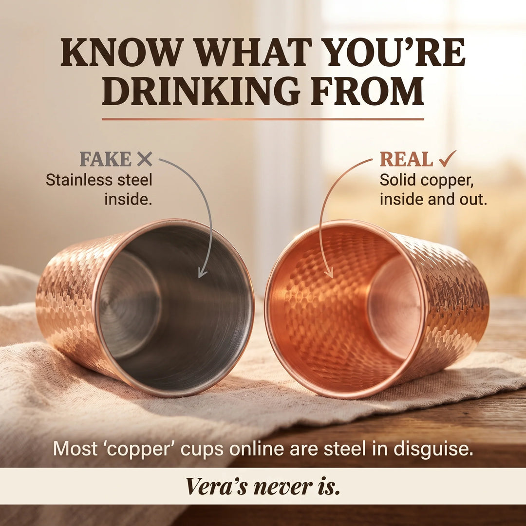 Side angle of hammered copper drinkware with honeycomb pattern and stable base