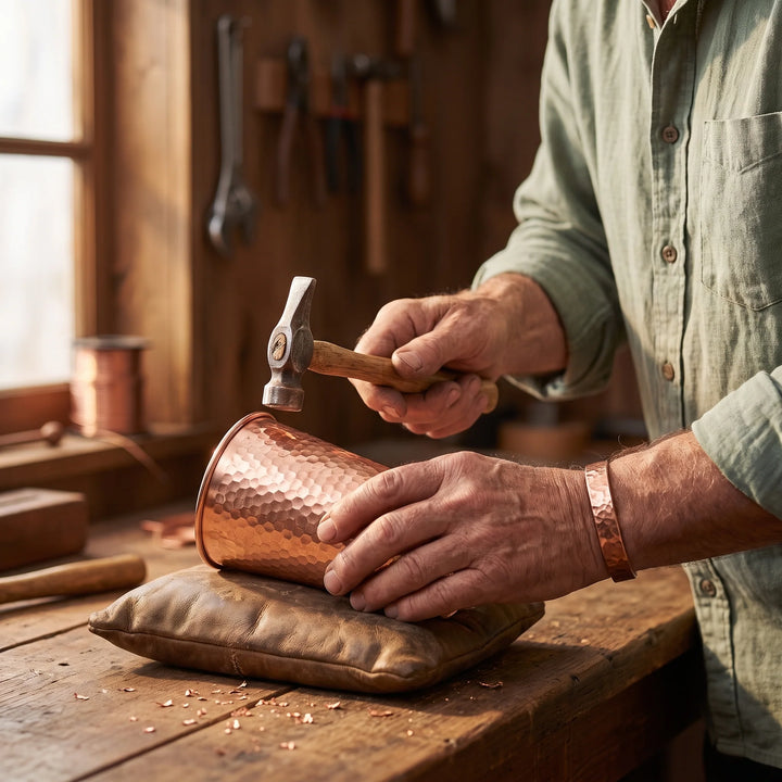 Artisan copper tumbler in natural light showcasing hand-finished metalwork and warm tones