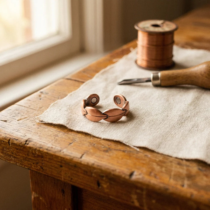 Women's adjustable copper ring with twisted wave band design resting on linen fabric