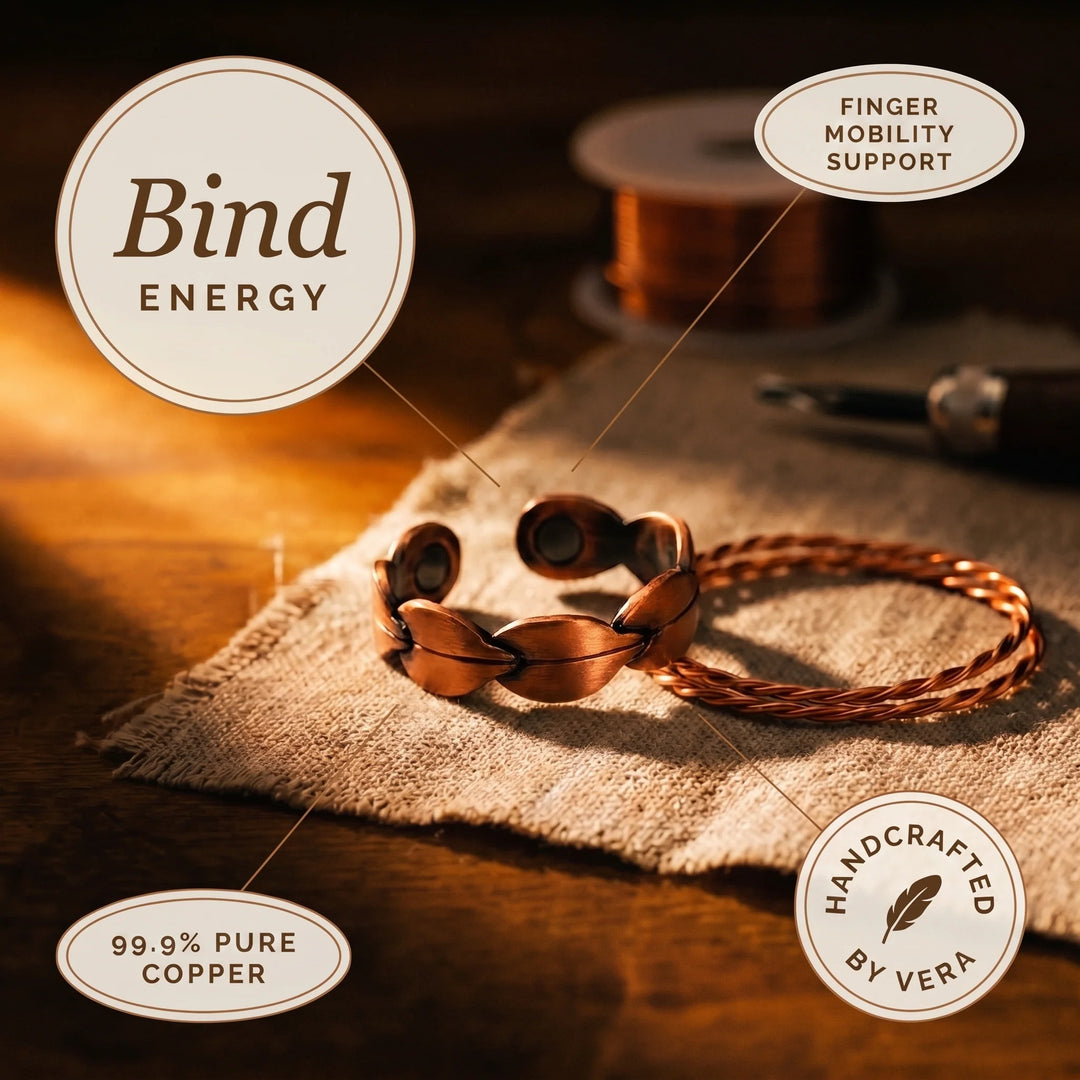 Copper ring with wave motif positioned on natural linen showcasing polished finish