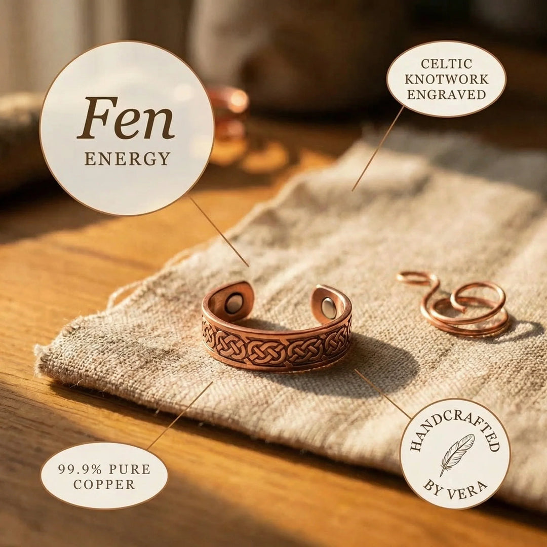 Adjustable copper cuff ring with warm metal finish and decorative engraved Celtic motifs