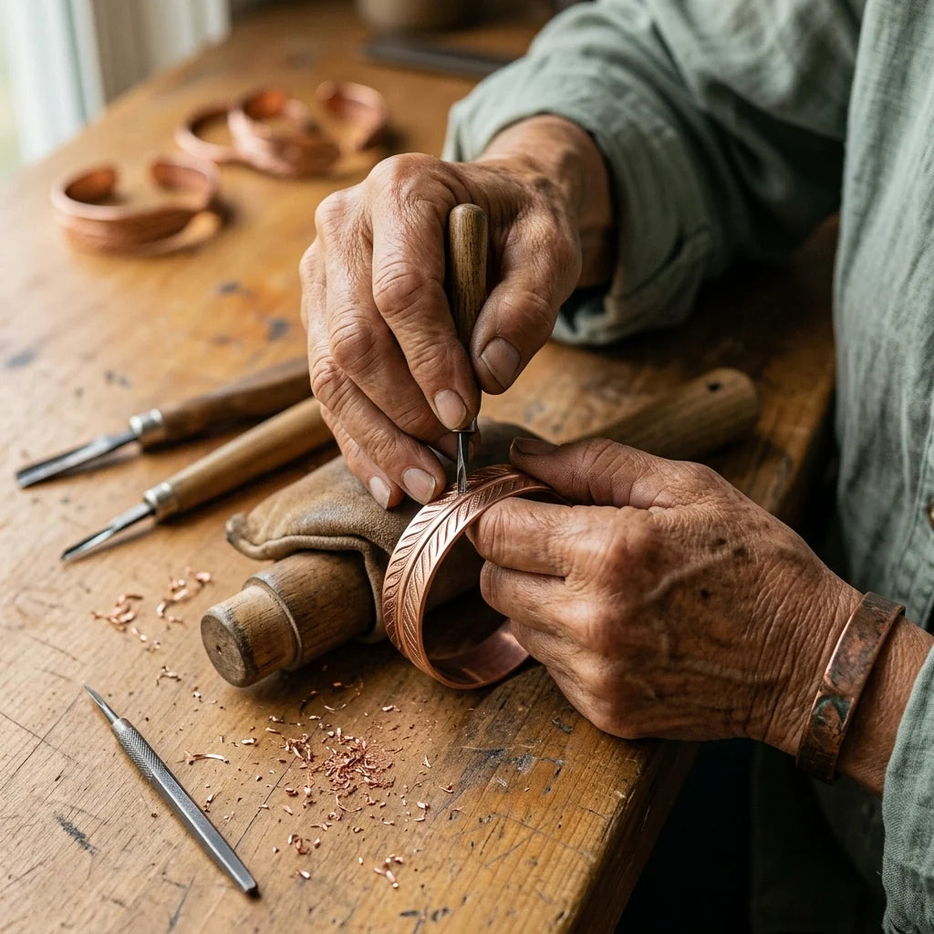 Hand-engraved copper feather bangle displayed on neutral fabric surface with workshop tools