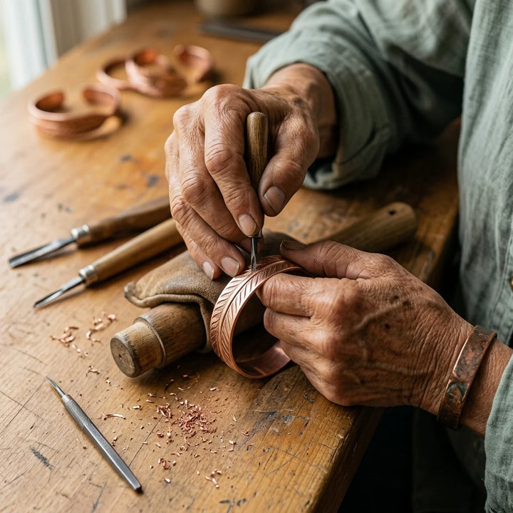 Hand-engraved copper feather bangle displayed on neutral fabric surface with workshop tools