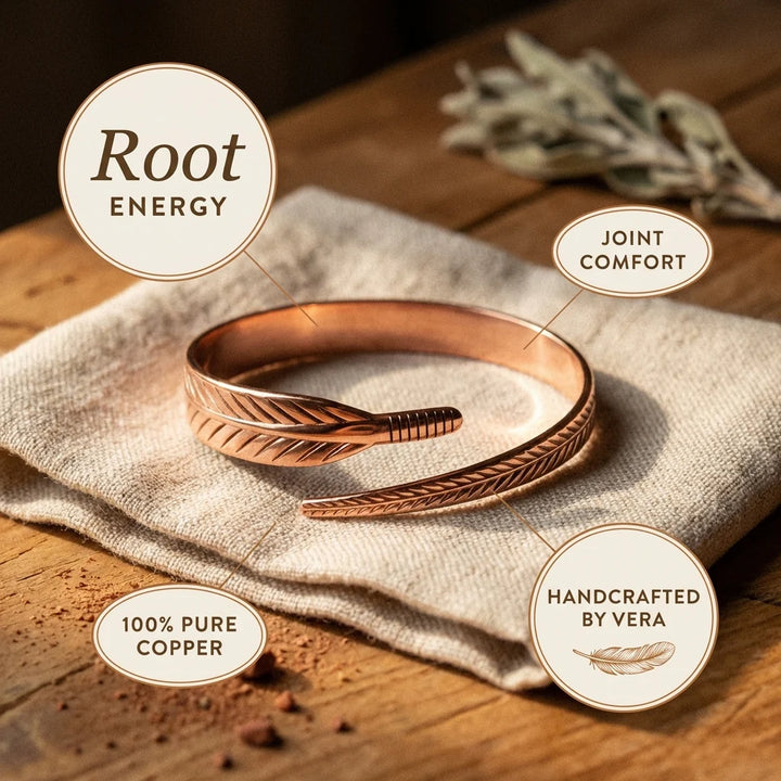Adjustable women's copper bracelet featuring detailed feather motif in rose gold finish