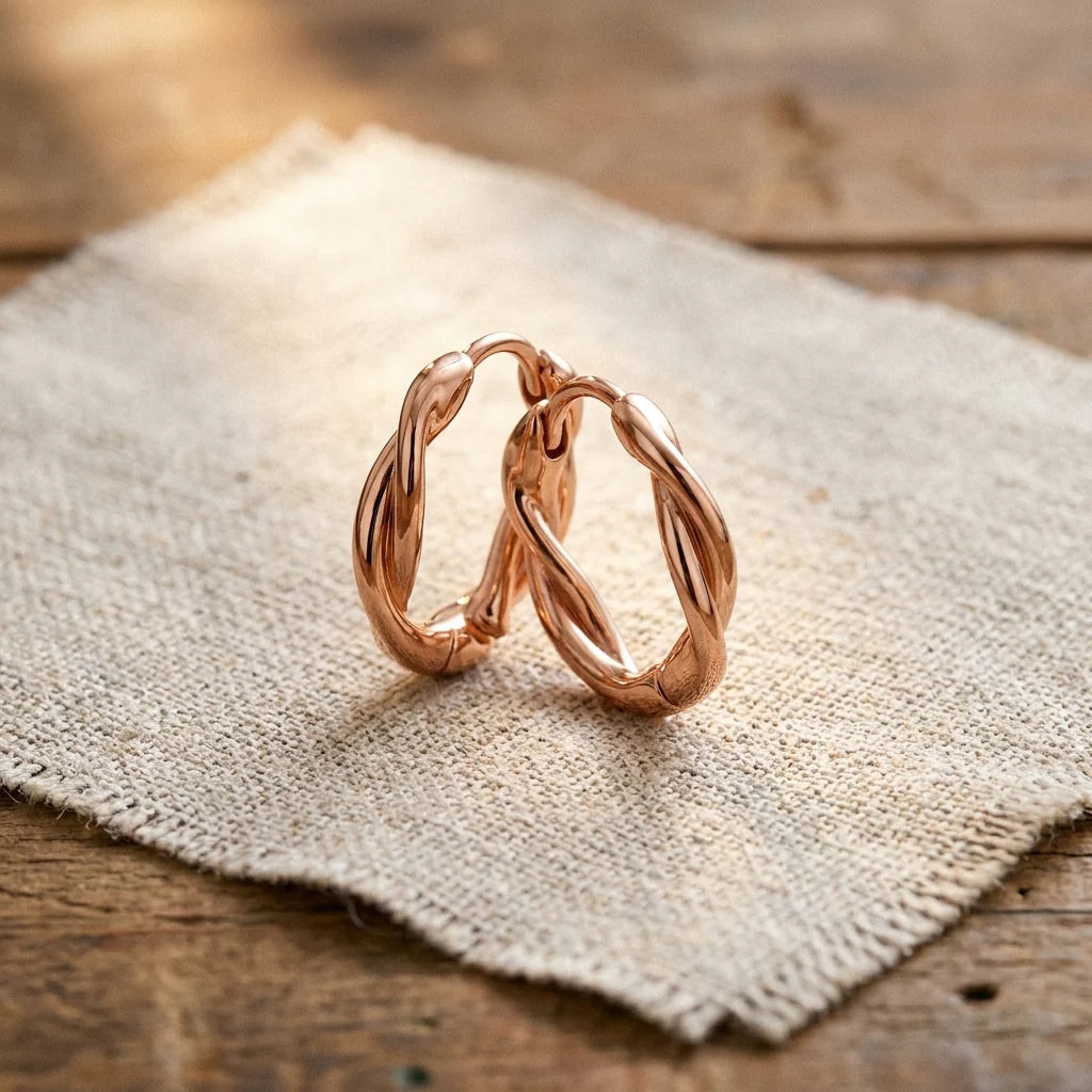 Twisted copper hoop earrings with spiral design and rose gold tone finish on fabric