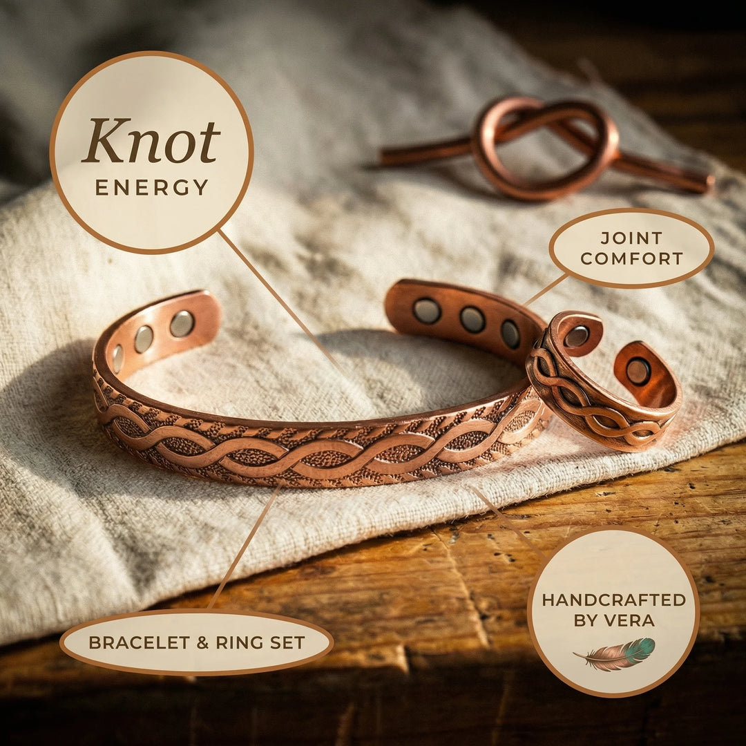 Copper jewellery set with coordinating bracelet and band ring featuring continuous knotwork pattern