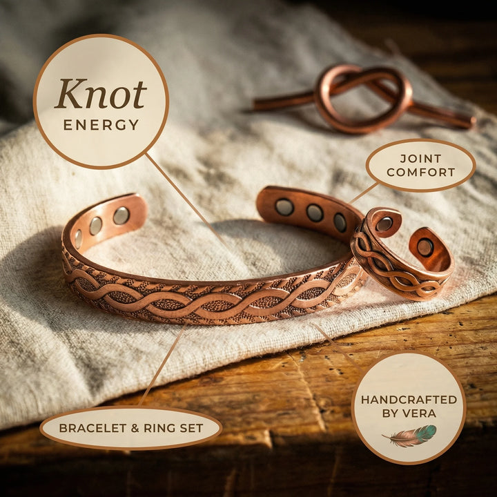 Copper jewellery set with coordinating bracelet and band ring featuring continuous knotwork pattern