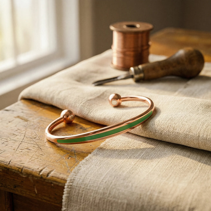 Women's copper cuff bracelet with jade inlay displayed on natural linen fabric with crafting tools