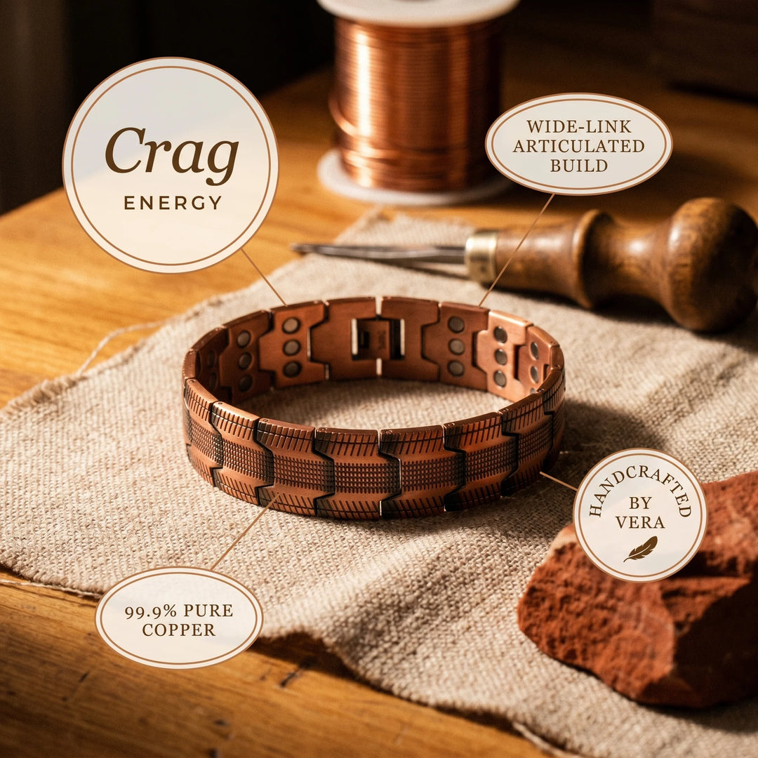 Wide copper chain bracelet with crosshatch pattern and secure fold-over fastening