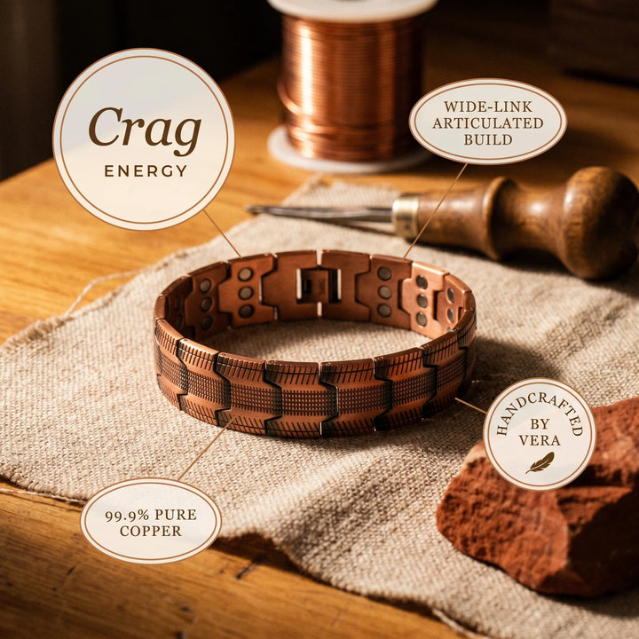 Wide copper chain bracelet with crosshatch pattern and secure fold-over fastening