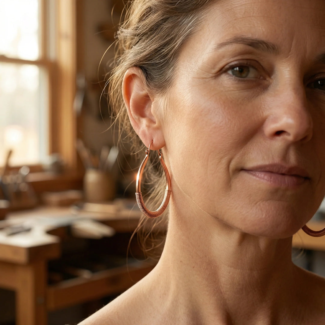 Close-up of copper wire-wrapped hoop earrings showing textured coil detailing and smooth upper curve