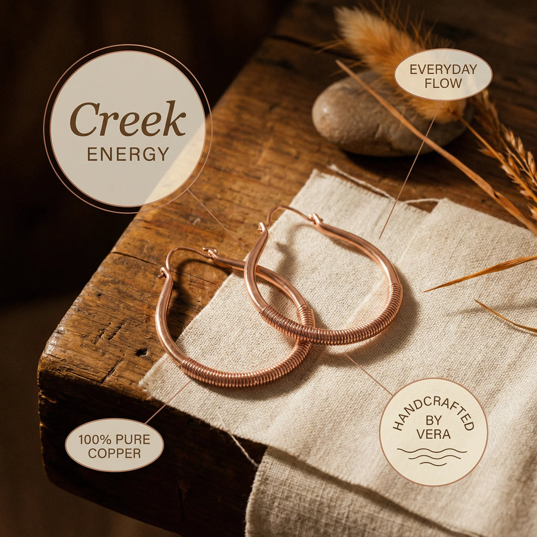 Copper wire-wrapped earrings showing teardrop silhouette and metallic finish in warm lighting