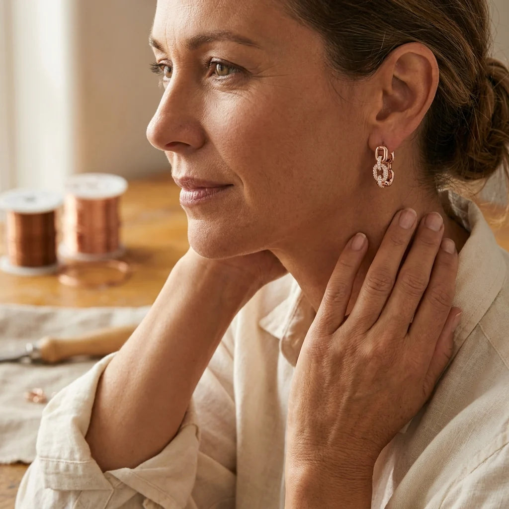 Close-up view of interlocking chain link hoop earrings showing crystal-set segments and polished finish