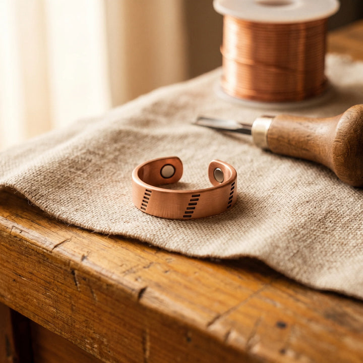 Copper magnetic ring with adjustable open-backed band and geometric line detailing resting on natural fabric