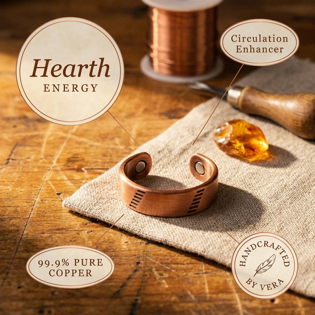 Copper ring with adjustable fit and magnetic elements displayed alongside crafting tools and copper wire