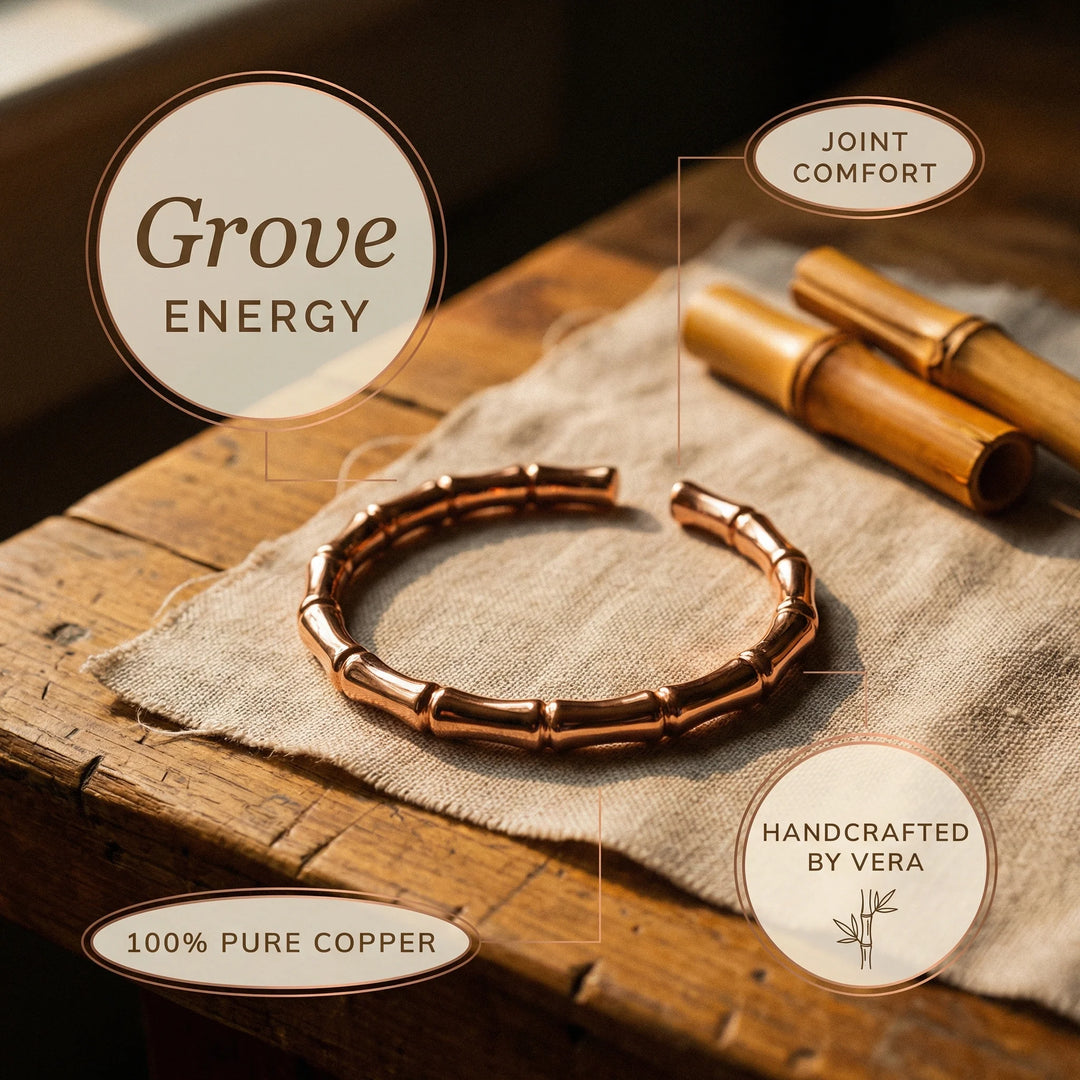 Rose gold copper bracelet with segmented bamboo structure and adjustable cuff opening