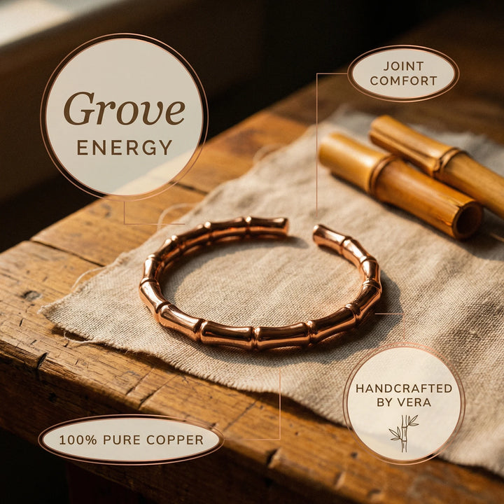 Rose gold copper bracelet with segmented bamboo structure and adjustable cuff opening