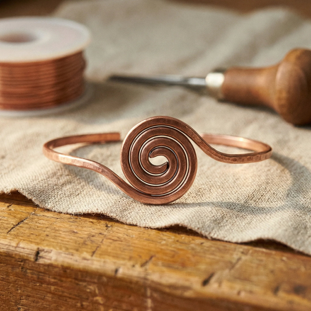 Close-up view of copper spiral anklet showing hand-formed coil centrepiece design