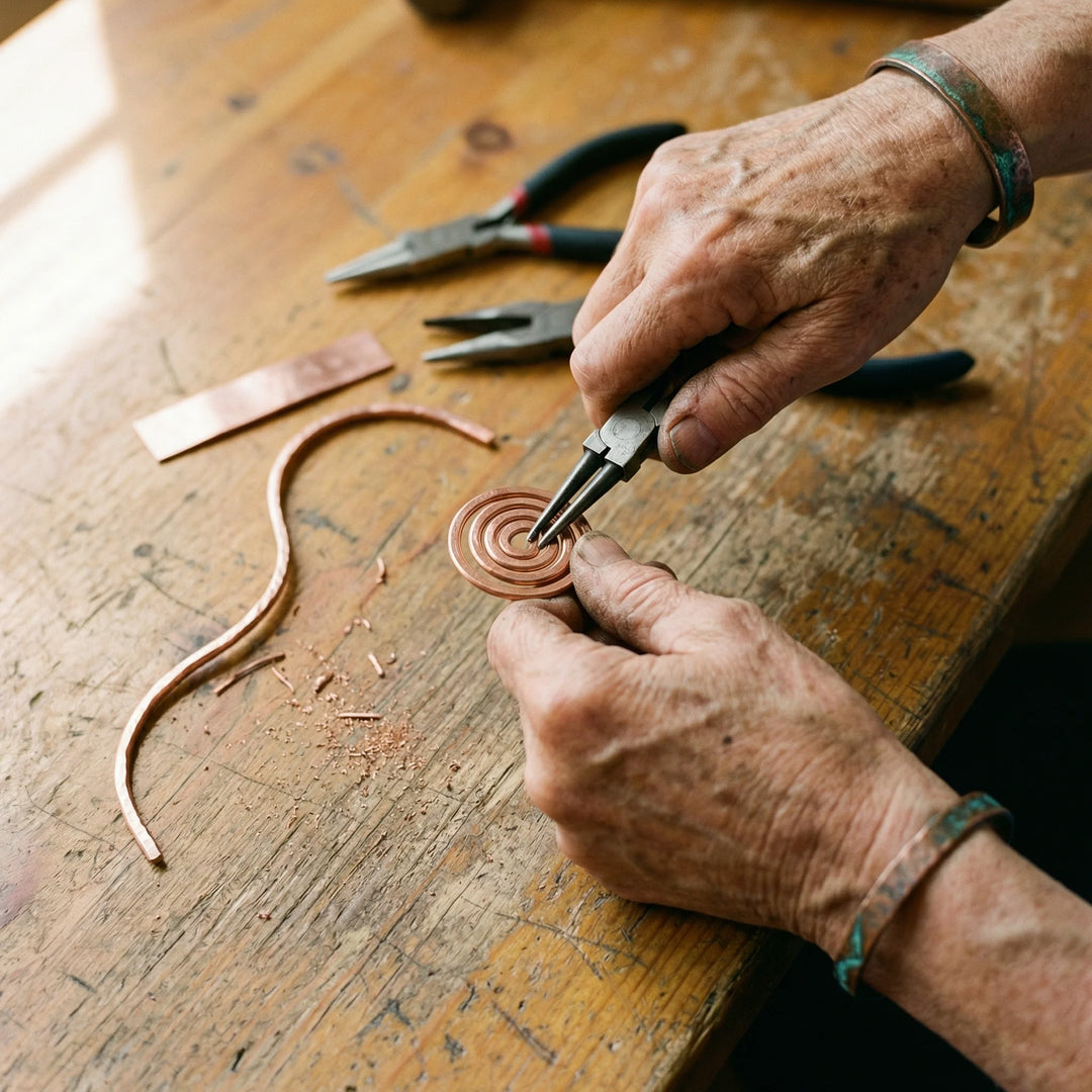 Detail shot of spiral copper centrepiece with continuous coiled metalwork