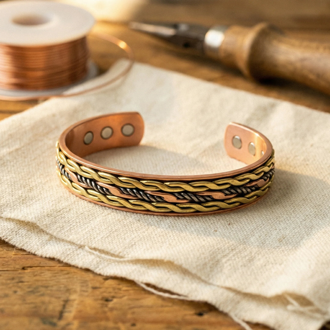 Women's copper cuff bracelet with woven brass and silver pattern on linen cloth