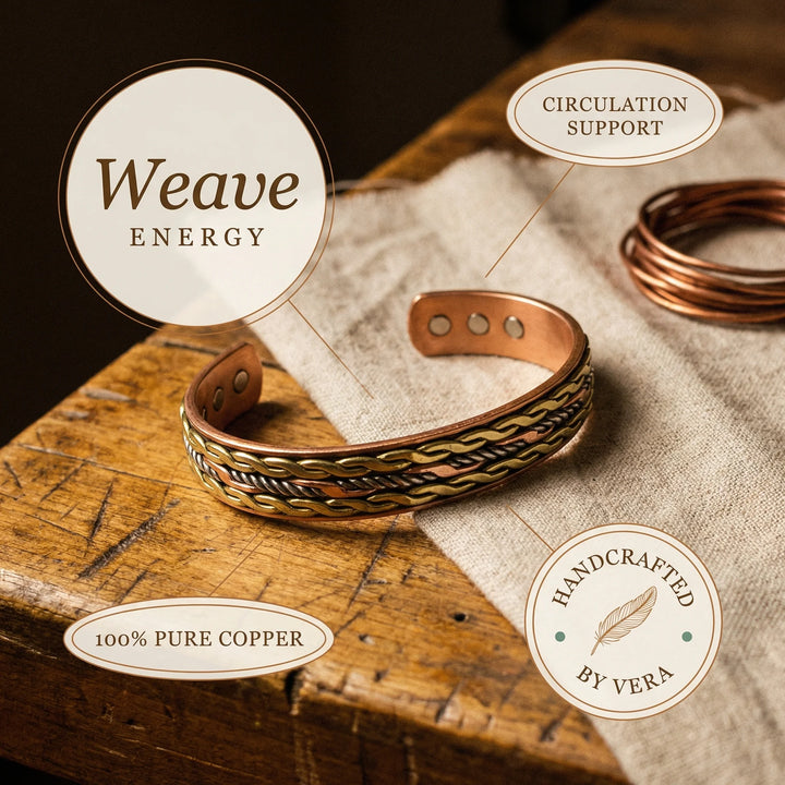 Open-back copper bracelet showing inner magnetic elements and adjustable fit