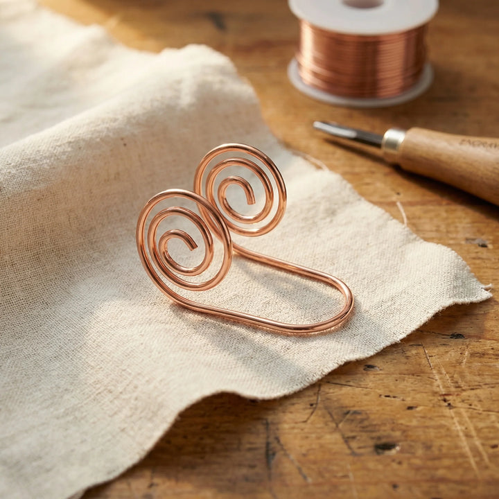 Copper wire spiral hand cuff with concentric rings resting on natural linen fabric beside copper wire spool