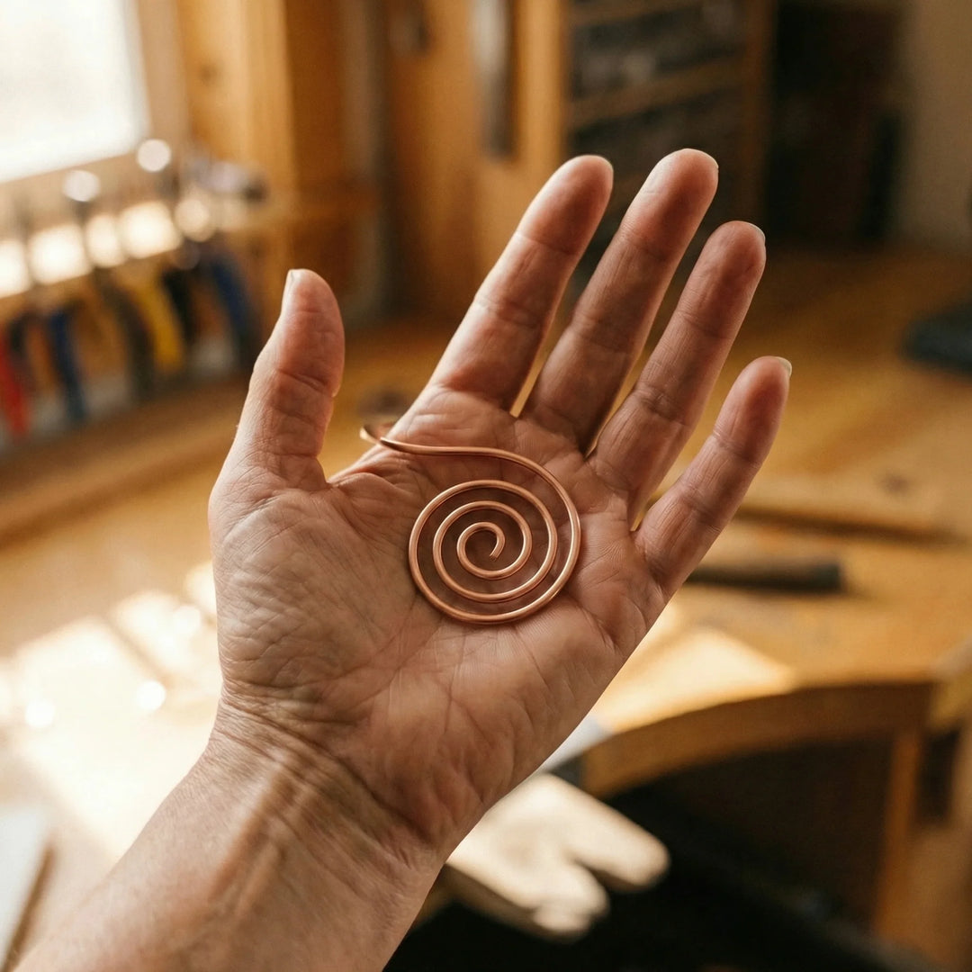 Copper wire hand cuff with sculptural spiral rings positioned on neutral background showing open structure